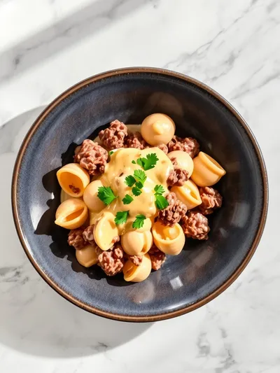 Creamy Beef and Shells - ready to serve